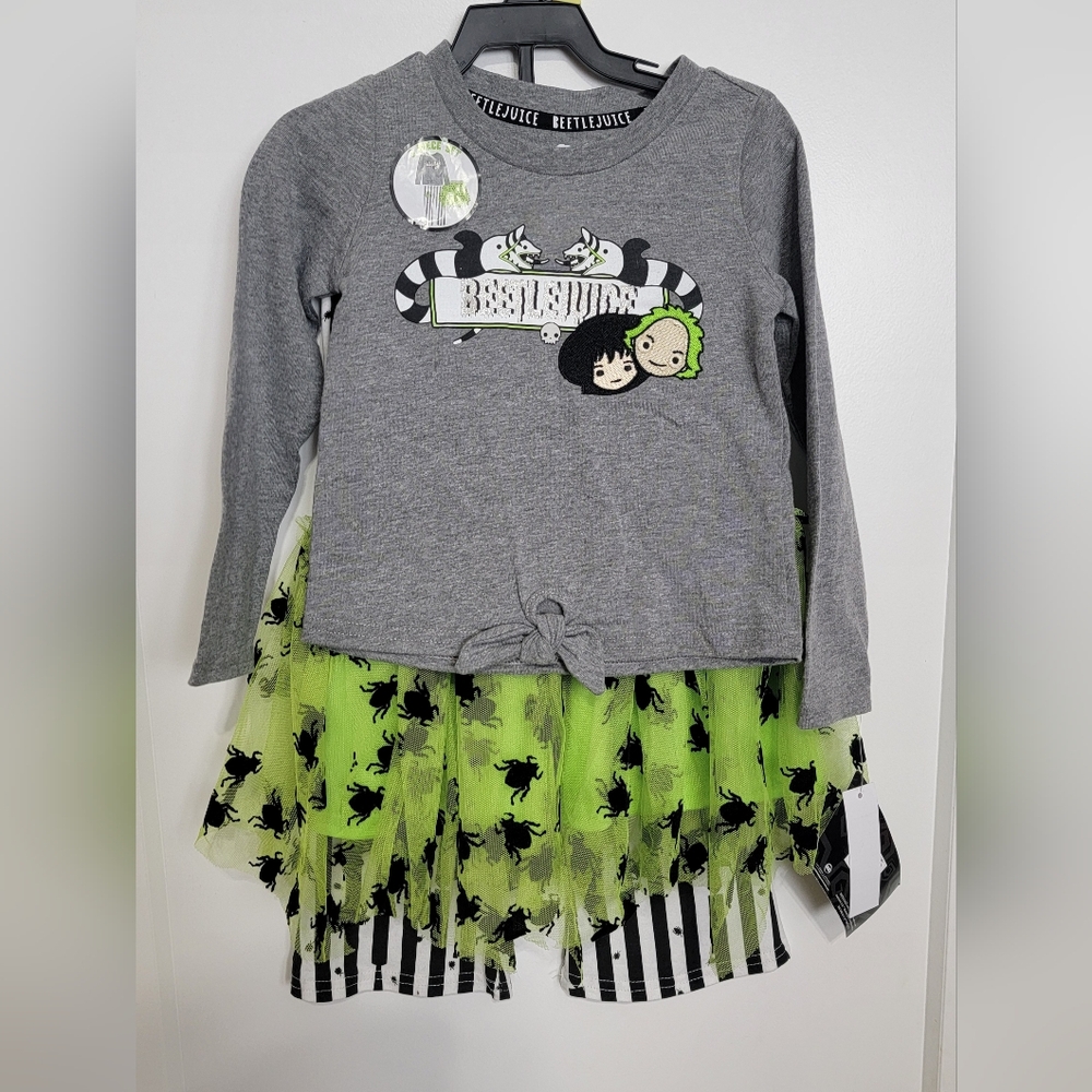Beetlejuice Toddler Girls Long Sleeve Top, Tulle Skirt, and Leggings Set